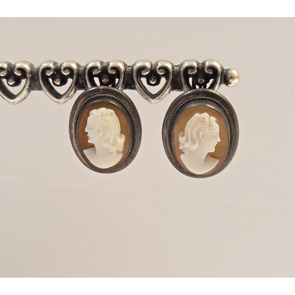Vintage Victorian 995 Fine Silver Carved Cameo Lock Back Earrings